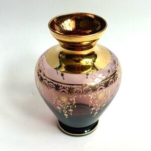 Vintage Vecchia Murano Amethyst Glass with Gold Trim Bohemian Style Vase